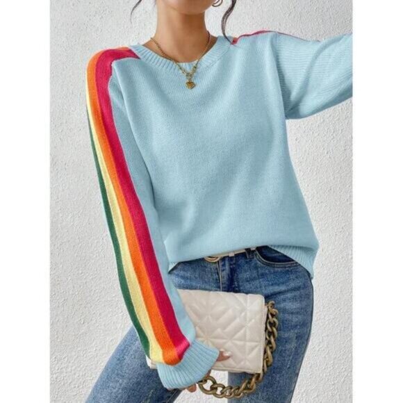 Women's Colorful Rainbow Striped Casual Crewneck Sweater Long-SleeveTops - Picture 5 of 6
